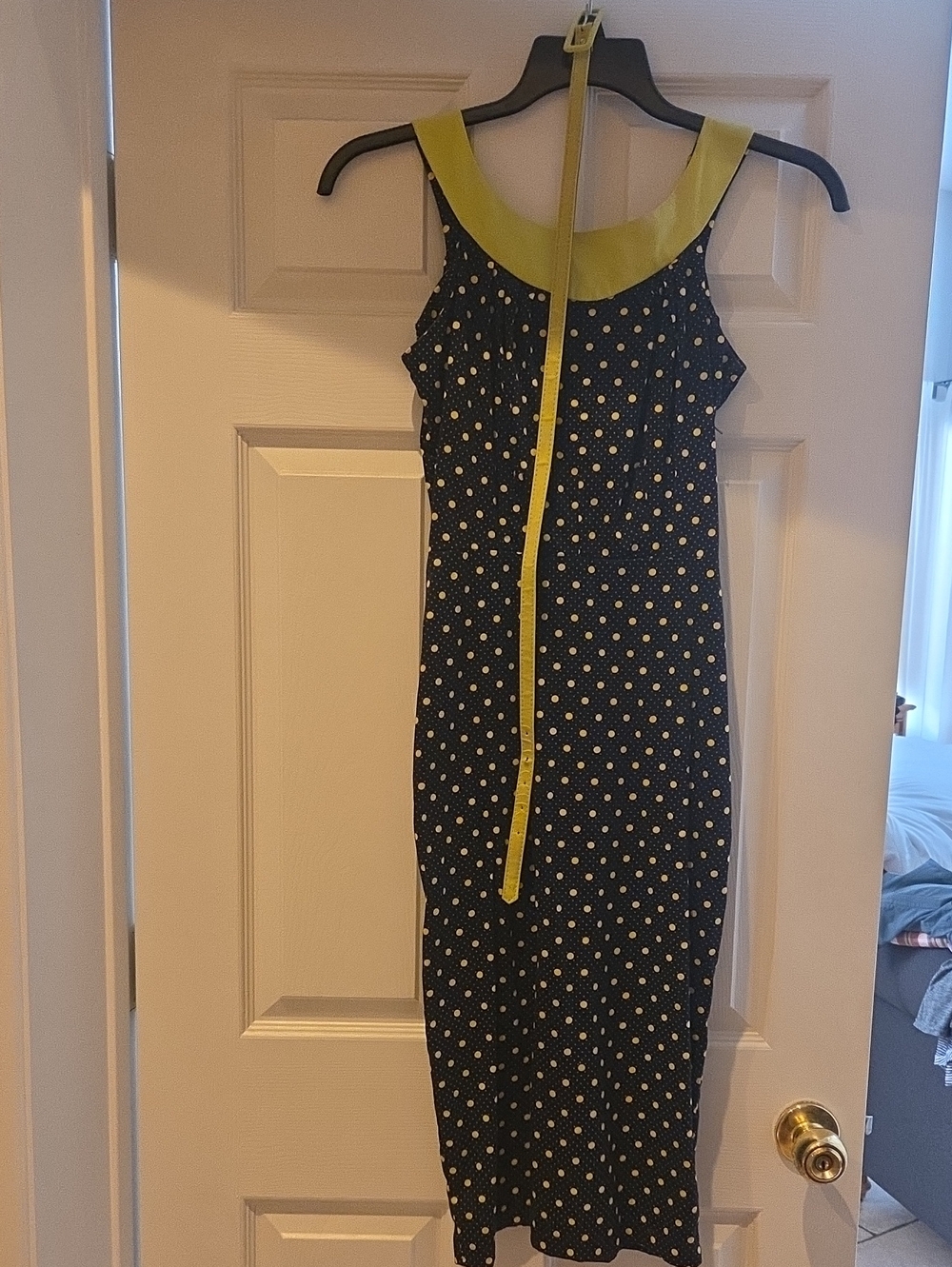 Bettie Page Black Polka Dot Midi Dress with Yellow Trim